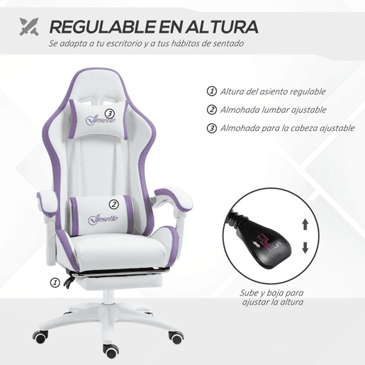 Vinsetto Cadeira Gaming Cadeira Gamer Racing de Couro PU com Altura Ajustável Reclinável 135° Apoio para a Cabeça e Apoio para os Pés Retrátil para Escritório Estúdio 65x65x121-129 cm Branco e Roxo