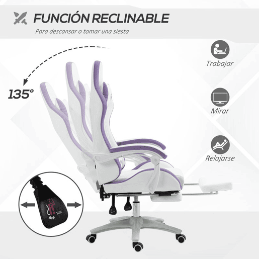 Vinsetto Cadeira Gaming Cadeira Gamer Racing de Couro PU com Altura Ajustável Reclinável 135° Apoio para a Cabeça e Apoio para os Pés Retrátil para Escritório Estúdio 65x65x121-129 cm Branco e Roxo