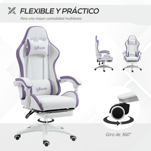 Vinsetto Cadeira Gaming Cadeira Gamer Racing de Couro PU com Altura Ajustável Reclinável 135° Apoio para a Cabeça e Apoio para os Pés Retrátil para Escritório Estúdio 65x65x121-129 cm Branco e Roxo