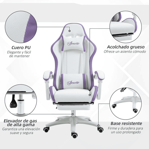 Vinsetto Cadeira Gaming Cadeira Gamer Racing de Couro PU com Altura Ajustável Reclinável 135° Apoio para a Cabeça e Apoio para os Pés Retrátil para Escritório Estúdio 65x65x121-129 cm Branco e Roxo