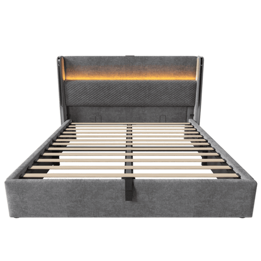 Cama hidráulica 140x200 cm - Com iluminação LED, armazenamento e portas USBType-C - Cinza
