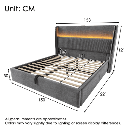Cama hidráulica 140x200 cm - Com iluminação LED, armazenamento e portas USBType-C - Cinza