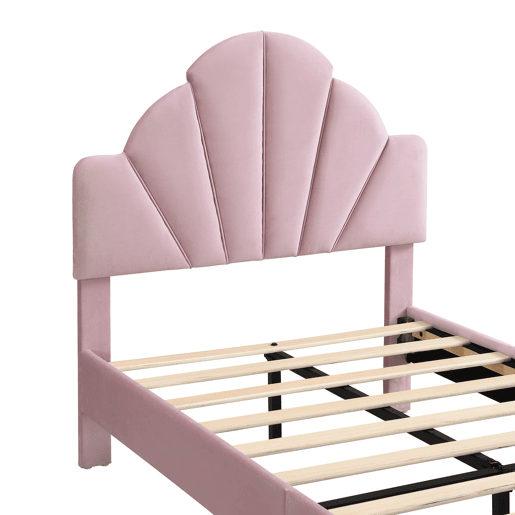 Cama individual estofada 90x200 - Cabeceira em veludo, banco a condizer, estrutura estável - Rosa