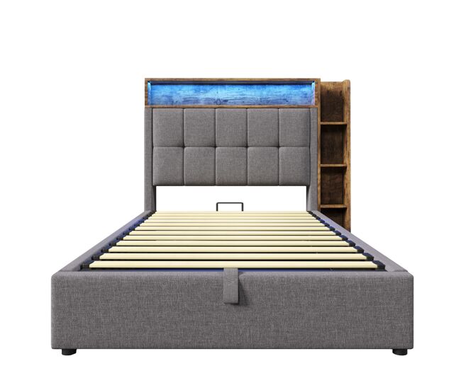 Cama tapizada 90x200 cm - con función de carga usb tipo c, almacenamiento multifuncional, iluminación led, botón de presión/app, lino, gris