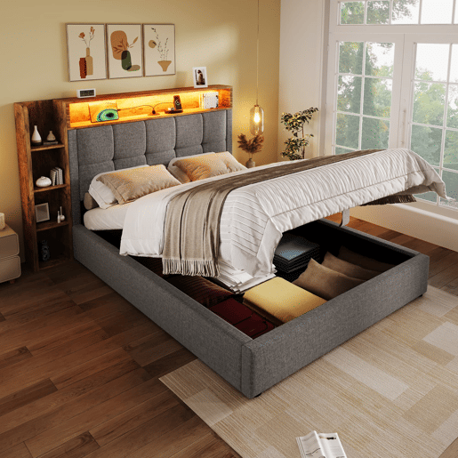 Cama estofada 90x200 cm - Com função de carregamento USB tipo C, armazenamento multifuncional, iluminação LED, botão de pressãoapp, linho, cinza
