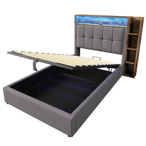 Cama estofada 90x200 cm - Com função de carregamento USB tipo C, armazenamento multifuncional, iluminação LED, botão de pressãoapp, linho, cinza