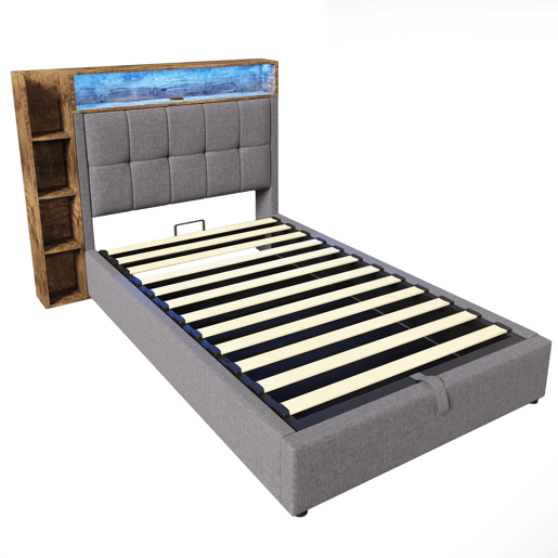 Cama estofada 90x200 cm - Com função de carregamento USB tipo C, armazenamento multifuncional, iluminação LED, botão de pressãoapp, linho, cinza