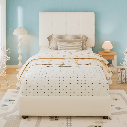 Cama infantil estofada 90x200 cm - cabeceira acolchoada em forma de biscoito - bege