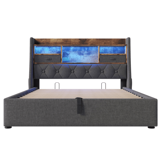Cama hidráulica 160x200 cm - Com arrumação, cabeceira LED, 4 estações de carregamento USBType-C - Cinza