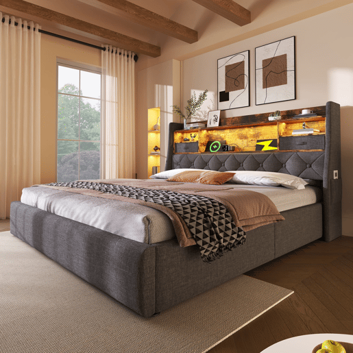 Cama hidráulica 160x200 cm - Com arrumação, cabeceira LED, 4 estações de carregamento USBType-C - Cinza