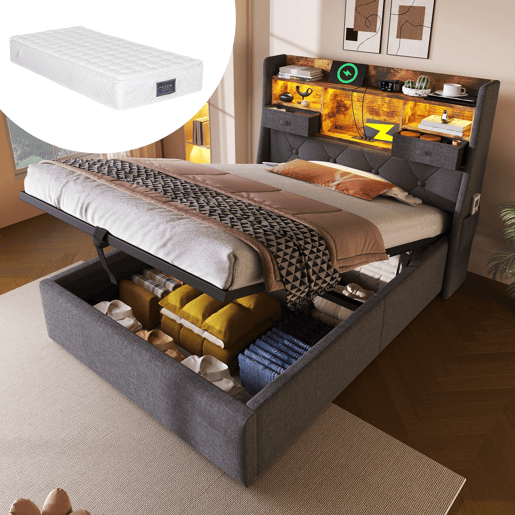 Cama hidráulica 90x200 cm - Com arrumação, cabeceira LED, 4 portas USBType-C - Cinza