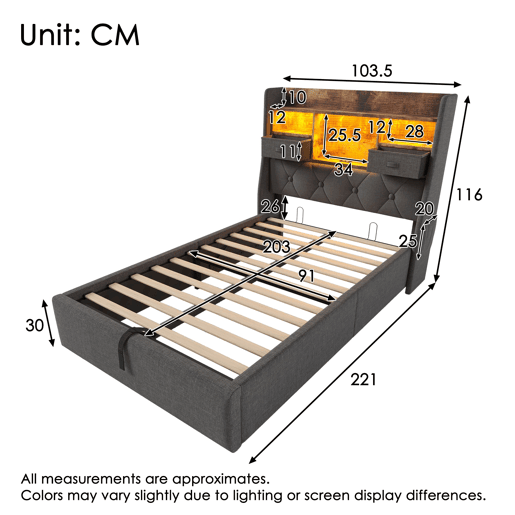 Cama hidráulica 90x200 cm - Com arrumação, cabeceira LED, 4 portas USBType-C - Cinza