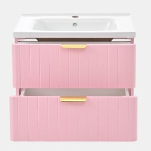 Móvel de casa de banho suspenso com 1 lavatório - duplo armazenamento, MDF resistente à humidade, lavatório cerâmico - rosa