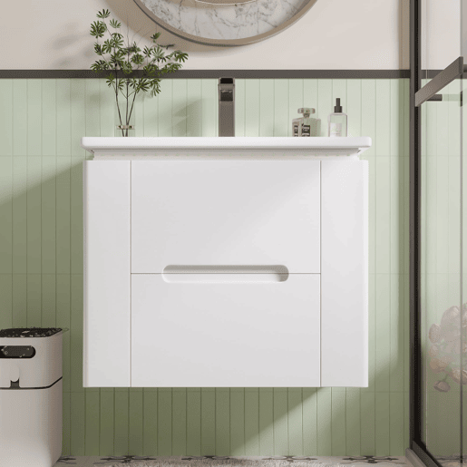 Armário de casa de banho suspenso 61x46x48,5 cm - com iluminação LED, 2 gavetas, lavatório integrado - branco Armário de casa de banho suspenso 61x46x48,5 cm - com iluminação LED, 2 gavetas, lavatório integrado - branco