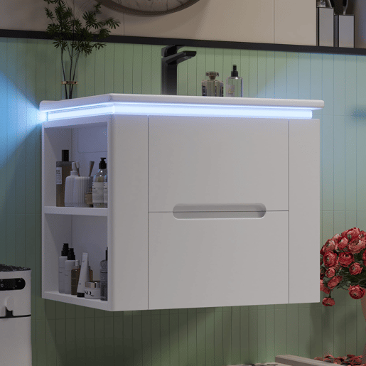 Armário de casa de banho suspenso 61x46x48,5 cm - com iluminação LED, 2 gavetas, lavatório integrado - branco Armário de casa de banho suspenso 61x46x48,5 cm - com iluminação LED, 2 gavetas, lavatório integrado - branco