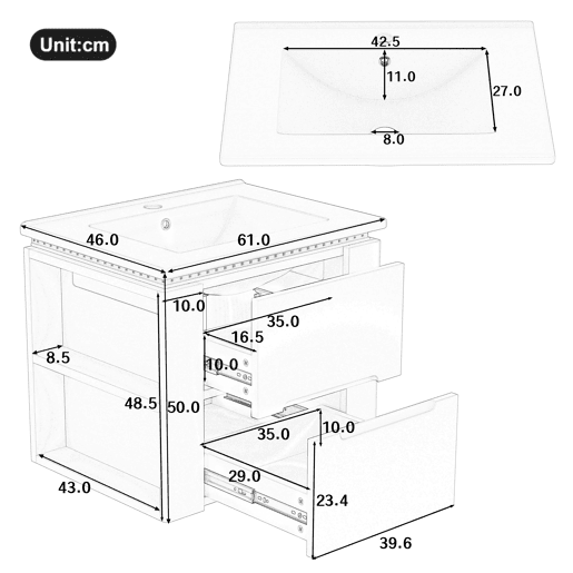 Armário de casa de banho suspenso 61x46x48,5 cm - com iluminação LED, 2 gavetas, lavatório integrado - branco Armário de casa de banho suspenso 61x46x48,5 cm - com iluminação LED, 2 gavetas, lavatório integrado - branco