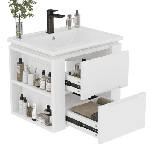 Armário de casa de banho suspenso 61x46x48,5 cm - com iluminação LED, 2 gavetas, lavatório integrado - branco Armário de casa de banho suspenso 61x46x48,5 cm - com iluminação LED, 2 gavetas, lavatório integrado - branco