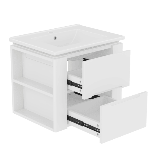 Armário de casa de banho suspenso 61x46x48,5 cm - com iluminação LED, 2 gavetas, lavatório integrado - branco Armário de casa de banho suspenso 61x46x48,5 cm - com iluminação LED, 2 gavetas, lavatório integrado - branco