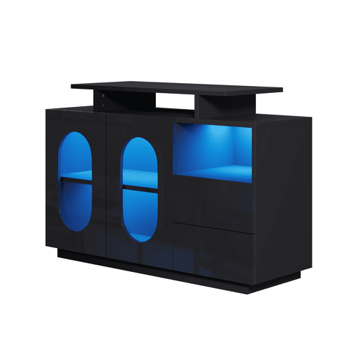 Aparador LED preto - Portas de vidro ovais, frente brilhante, com arrumação - Preto