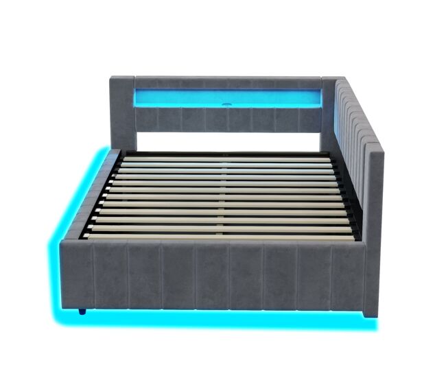 Sofá cama 140x200 - con almacenamiento hidráulico, luz led, puerto usb, respaldo, cabecera, marco estable - gris