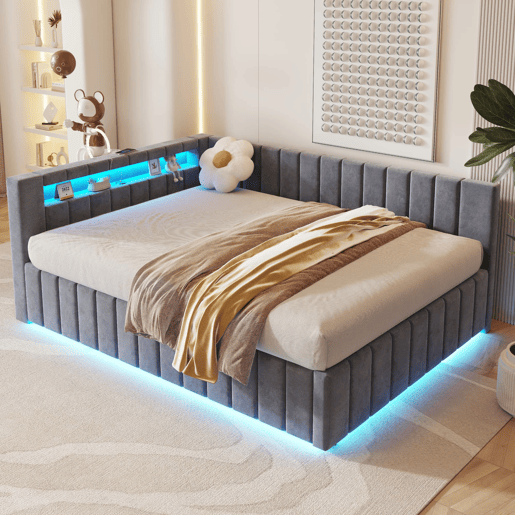 Sofá-cama 140x200 - Com armazenamento hidráulico, luz LED, porta USB, encosto, cabeceira, estrutura estável - Cinza