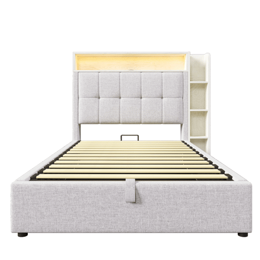 Cama estofada 90x200 cm - Com função de carregamento USB Tipo-C, armazenamento multifuncional, iluminação LED, sem colchão - Bege