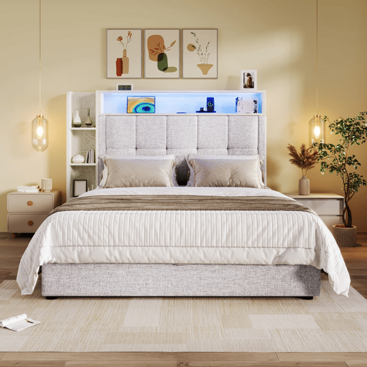 Cama estofada 90x200 cm - Com função de carregamento USB Tipo-C, armazenamento multifuncional, iluminação LED, sem colchão - Bege