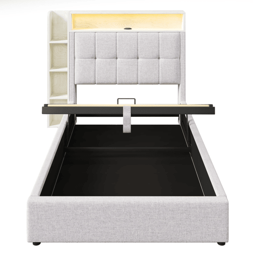 Cama estofada 90x200 cm - Com função de carregamento USB Tipo-C, armazenamento multifuncional, iluminação LED, sem colchão - Bege