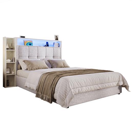 Cama estofada 90x200 cm - Com função de carregamento USB Tipo-C, armazenamento multifuncional, iluminação LED, sem colchão - Bege