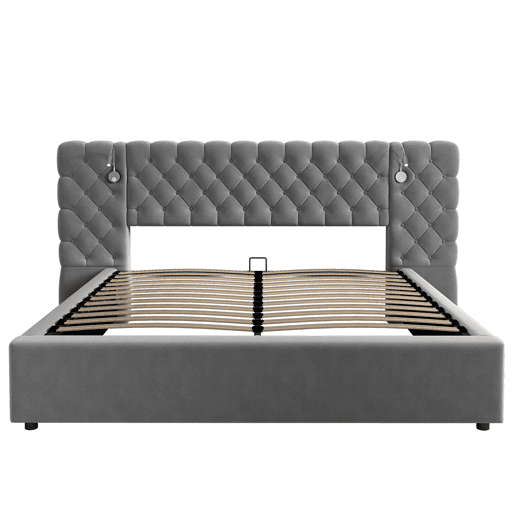 Cama estofada 160x200 cm - Cama hidráulica com arrumação, LED, cabeceira larga, veludo, cinzento