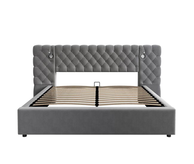 Cama tapizada 160x200 cm - cama hidráulica con almacenamiento, led, cabecero ancho, terciopelo, gris