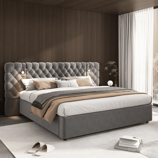 Cama estofada 160x200 cm - Cama hidráulica com arrumação, LED, cabeceira larga, veludo, cinzento