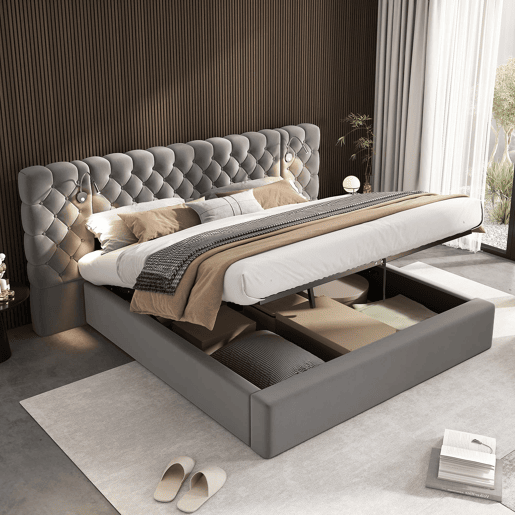 Cama estofada 160x200 cm - Cama hidráulica com arrumação, LED, cabeceira larga, veludo, cinzento