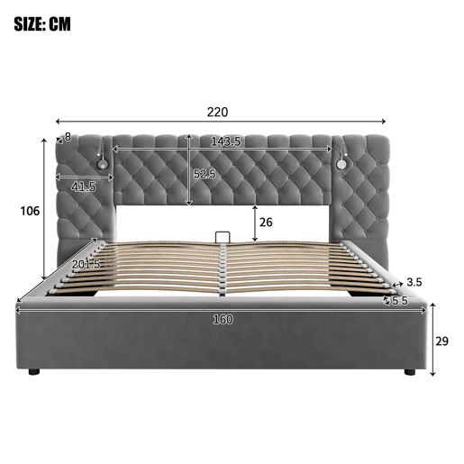 Cama estofada 160x200 cm - Cama hidráulica com arrumação, LED, cabeceira larga, veludo, cinzento