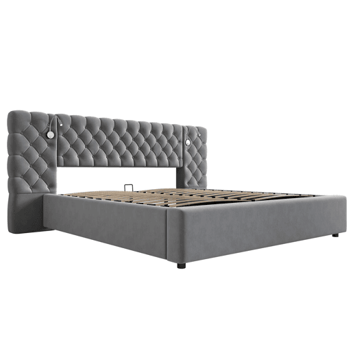 Cama estofada 160x200 cm - Cama hidráulica com arrumação, LED, cabeceira larga, veludo, cinzento