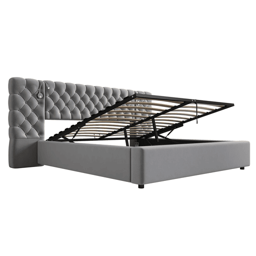 Cama estofada 160x200 cm - Cama hidráulica com arrumação, LED, cabeceira larga, veludo, cinzento