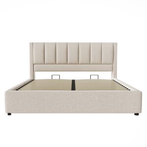 Cama estofada 140x200 cm - Com arrumação e elevação hidráulica, com estrado de ripas - Bege