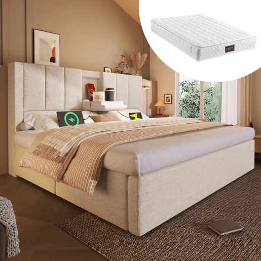 Cama estofada 140x200 cm - Com arrumação e elevação hidráulica, com estrado de ripas - Bege