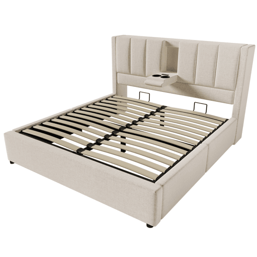 Cama estofada 140x200 cm - Com arrumação e elevação hidráulica, com estrado de ripas - Bege