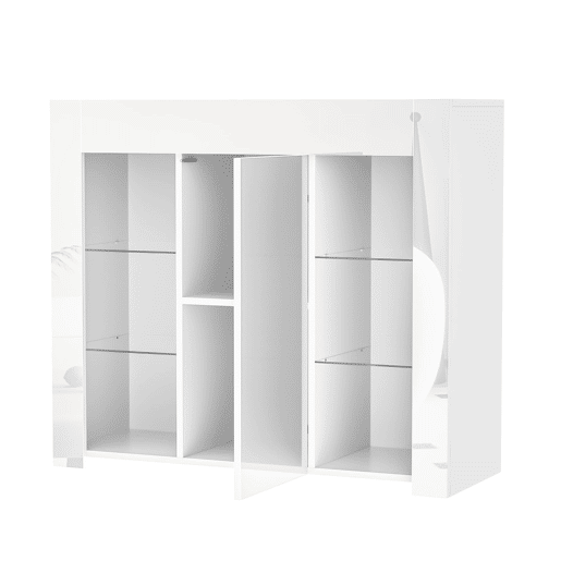 Aparador moderno branco 95x35x83 cm - Confrontamento brilhante, prateleiras de vidro e porta - Branco
