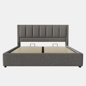 Cama estofada 160x200 cm - Cama de casal com suporte oculto para bebidas e estação de carregamento - Cinza