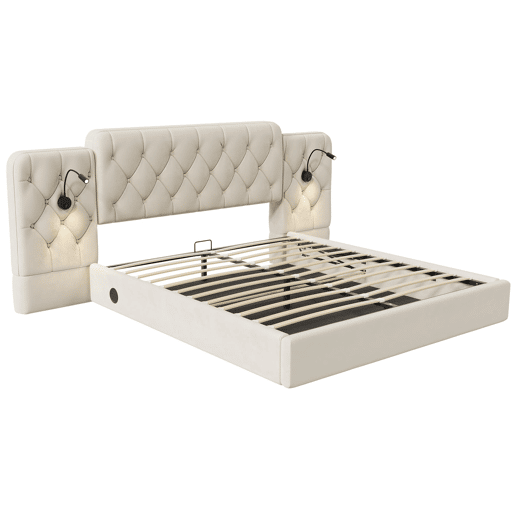 Cama estofada 180x200 cm - Cabeceira longa, várias portas USB, candeeiro de secretária, sistema hidráulico, grande capacidade de arrumação - Bege