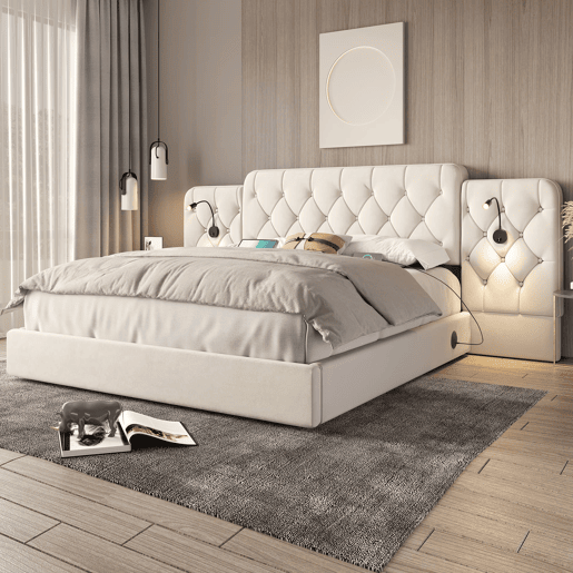Cama estofada 180x200 cm - Cabeceira longa, várias portas USB, candeeiro de secretária, sistema hidráulico, grande capacidade de arrumação - Bege