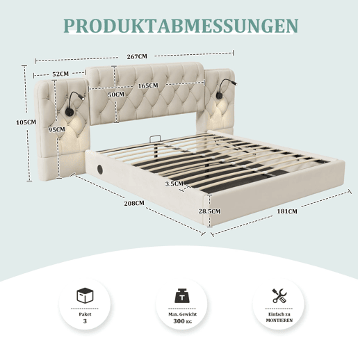 Cama estofada 180x200 cm - Cabeceira longa, várias portas USB, candeeiro de secretária, sistema hidráulico, grande capacidade de arrumação - Bege