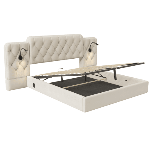 Cama estofada 180x200 cm - Cabeceira longa, várias portas USB, candeeiro de secretária, sistema hidráulico, grande capacidade de arrumação - Bege