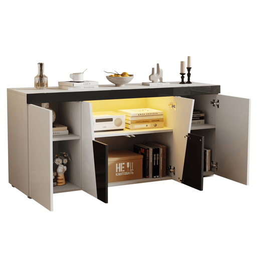 Aparador de sala 140x40x65 cm - 3 armários, 4 portas, design moderno com LED - Branco Aparador de sala 140x40x65 cm - 3 armários, 4 portas, design moderno com LED - Branco