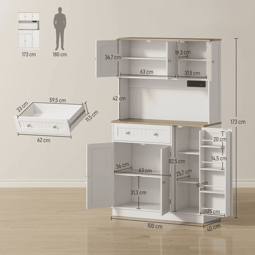 HOMCOM Armário de Cozinha Alto com Estação de Carregamento Móvel Auxiliar de Cozinha 6 Portas 1 Gaveta Prateleiras Ajustáveis 4 Prateleiras para Especiarias Bancada Ampla para Sala de Jantar 100x40x173 cm Branco HOMCOM Armário de Cozinha Alto com Estação de Carregamento Móvel Auxiliar de Cozinha 6 Portas 1 Gaveta Prateleiras Ajustáveis 4 Prateleiras para Especiarias Bancada Ampla para Sala de Jantar 100x40x173 cm Branco