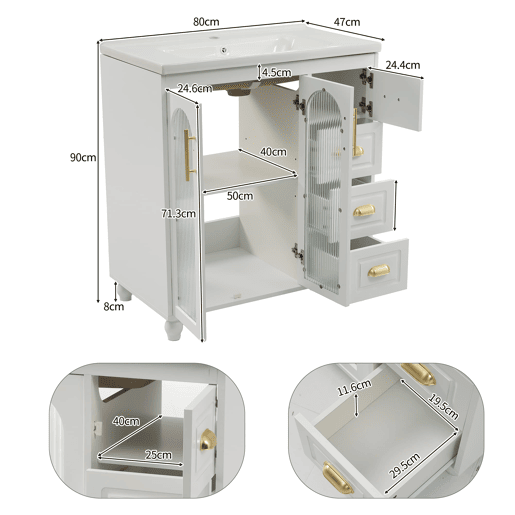Móvel de casa de banho individual 80 cm - Com lavatório cerâmico, branco