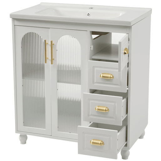 Móvel de casa de banho individual 80 cm - Com lavatório cerâmico, branco