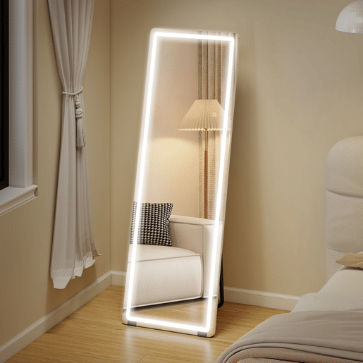 HOMCOM Espelho de Corpo Inteiro com Luzes 150x50 cm, Sem Moldura 3 Temperaturas de Cor Brilho Ajustável Independente de Pé ou Parede para Quarto Transparente